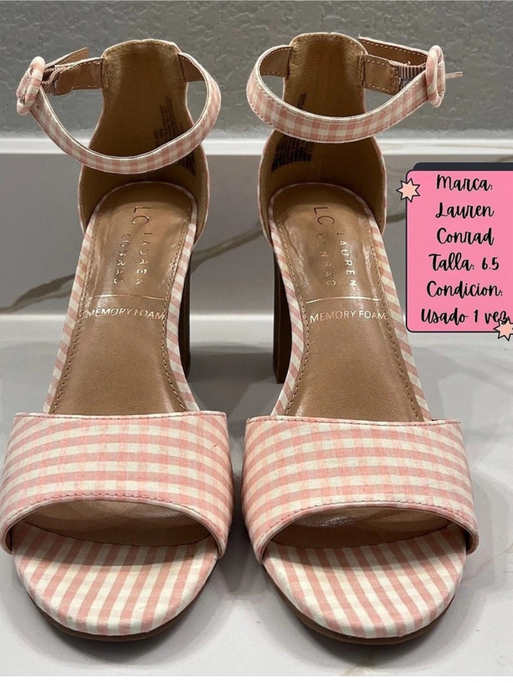MARC FISHER Memory Foam Gingham Heels in Pink & White US 6.5 Like New